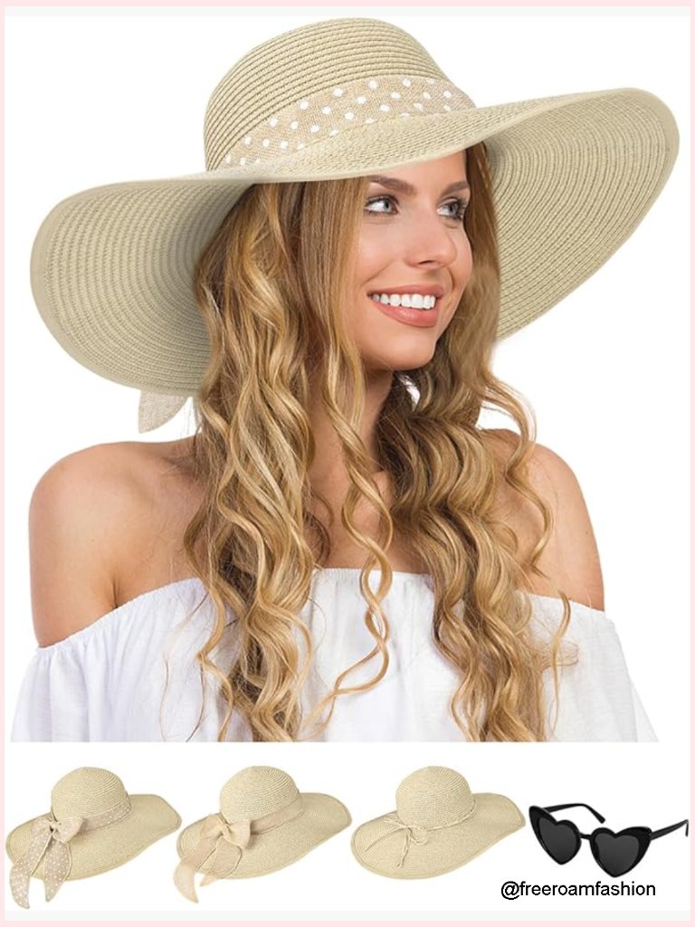 Wide Brim Floppy Straw Sun Hat With Sunglasses & Bows